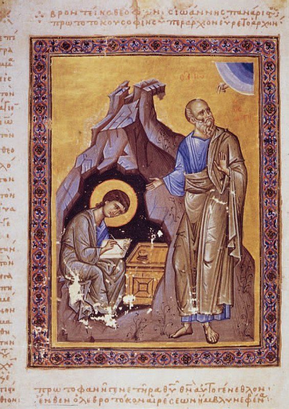 Johannes diktiert Prochoros in der Höhle